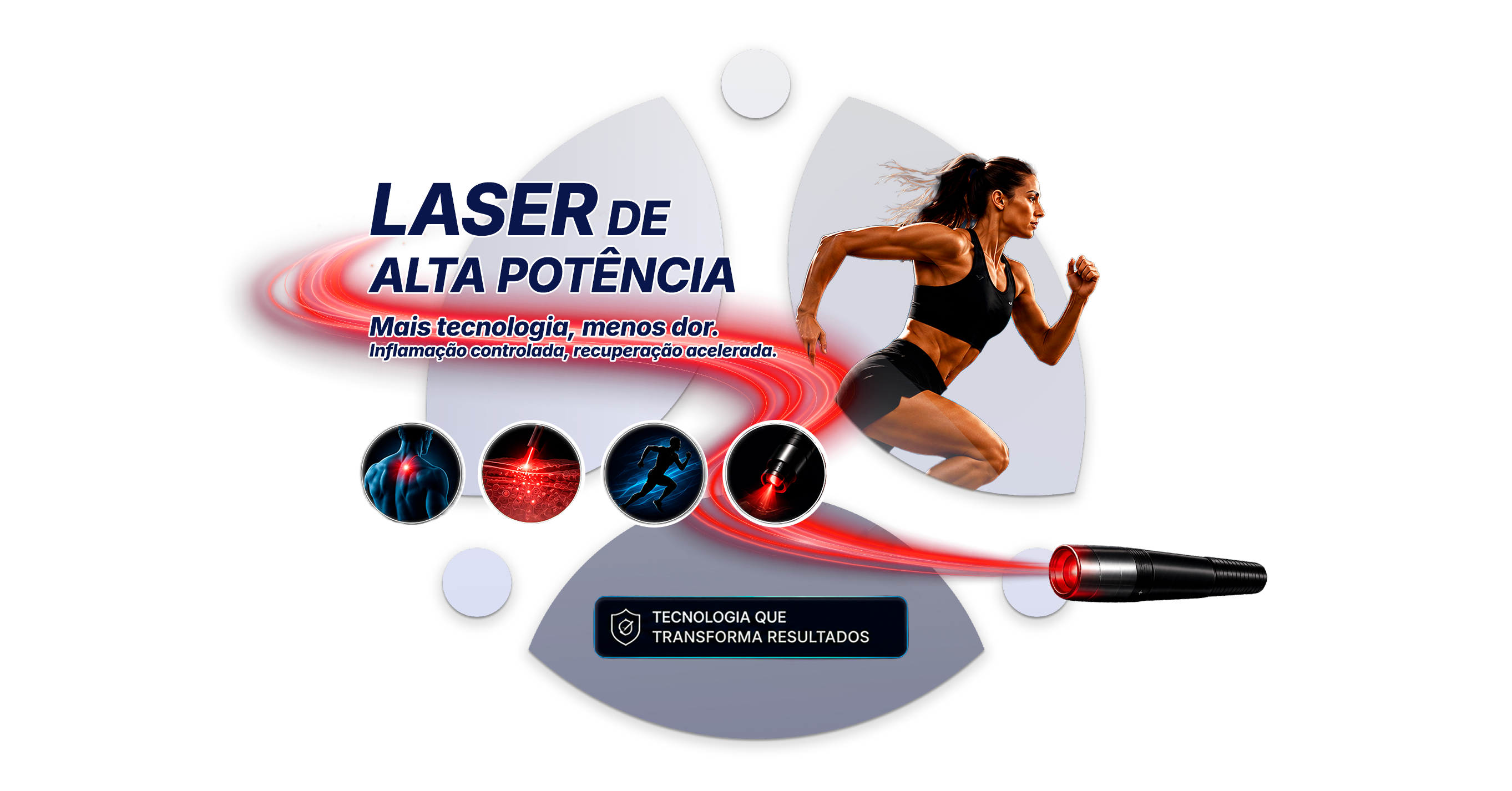 Banner do Laser de Alta Potência com atleta, equipamento terapêutico e benefícios de recuperação