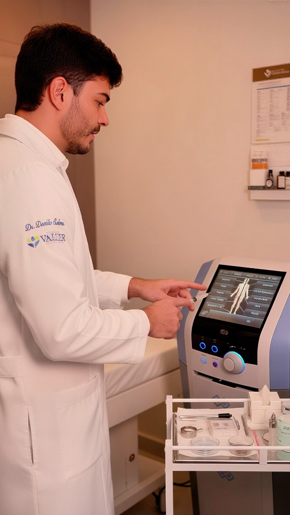 Médico ortopedista do Instituto Valler em frente a equipamento com visualização anatômica em tela, em ambiente clínico
