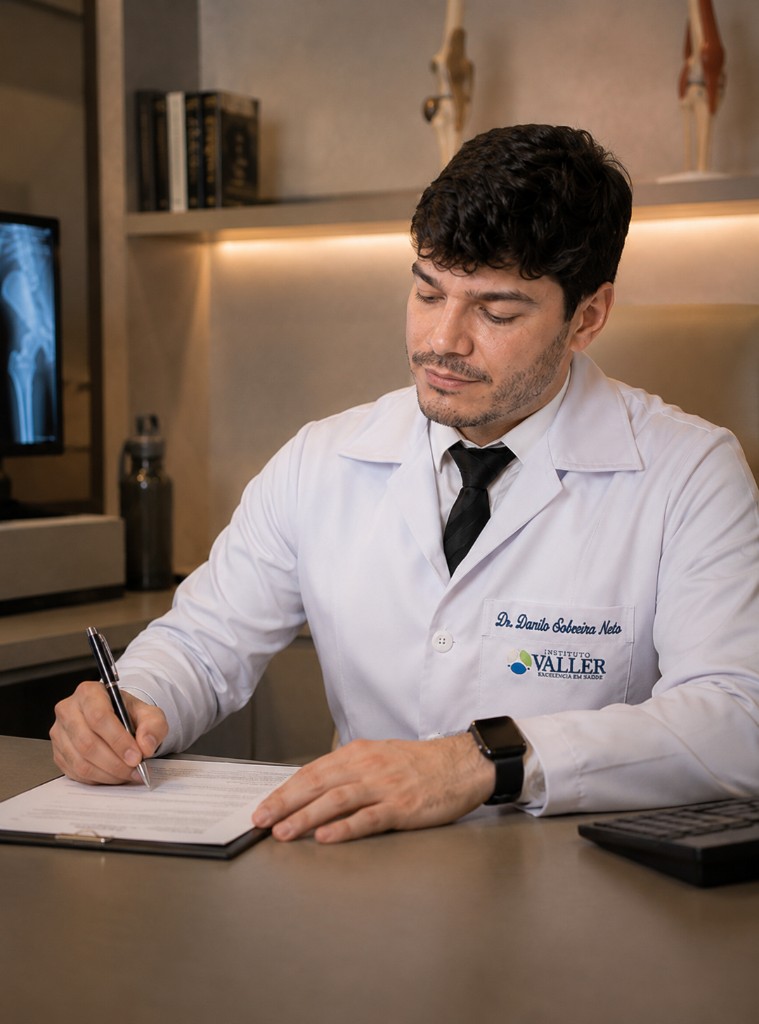 Dr. Danilo Sobreira Neto em consultório do Instituto Valler, em jaleco institucional